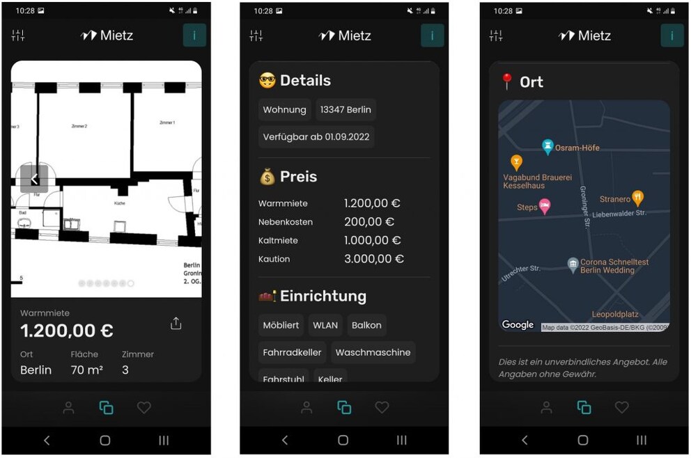Overview Mietz app for apartment hunting with details, price, furnishings and location