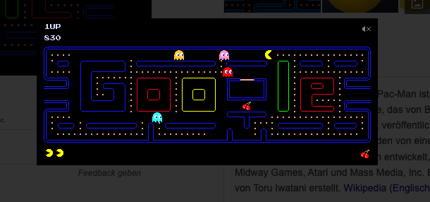 Google arama web sitesinde tarayıcıda mini bir oyun olarak klasik oyun Pacman.