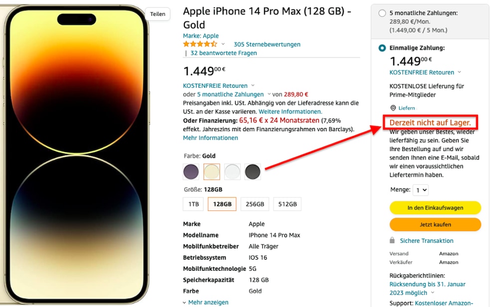 The iPhone 14 Pro Max is currently out of stock on Amazon