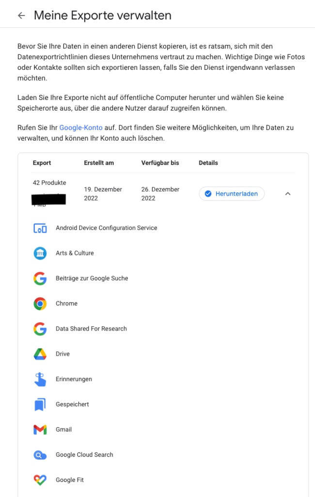 Menu for exporting collected Google data.  Data from 42 Google products can be downloaded.
